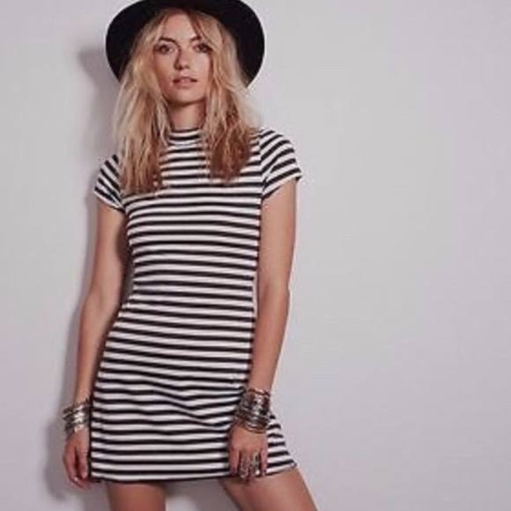 Free People FP Beach Mock Neck Striped Short Sleeve Mini Dress Size Medium